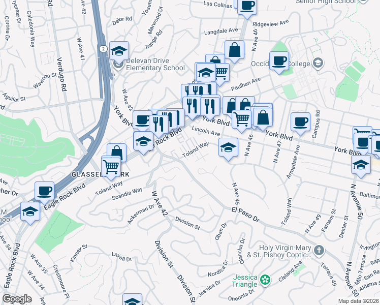 map of restaurants, bars, coffee shops, grocery stores, and more near 4343 Toland Way in Los Angeles