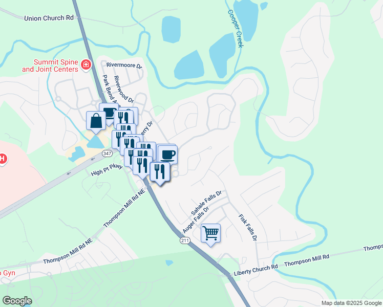 map of restaurants, bars, coffee shops, grocery stores, and more near 6418 Mossy Oak Landing in Braselton