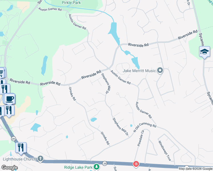 map of restaurants, bars, coffee shops, grocery stores, and more near 5835 Stephens Mill Drive in Buford