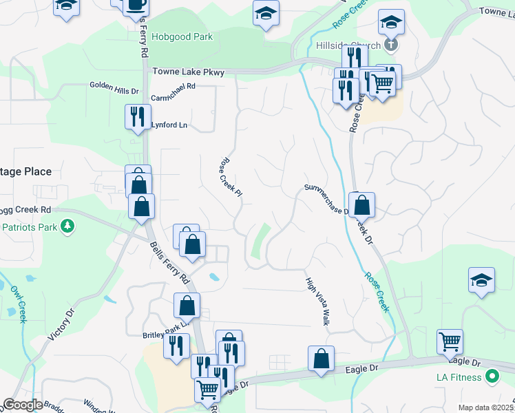 map of restaurants, bars, coffee shops, grocery stores, and more near 806 Rose Creek Walk in Woodstock