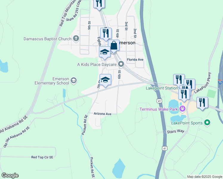 map of restaurants, bars, coffee shops, grocery stores, and more near 105 Old Alabama Road Southeast in Emerson