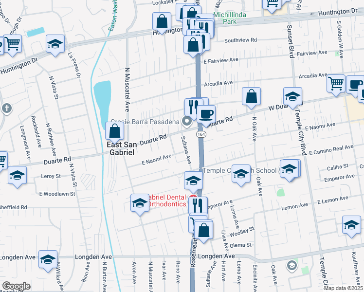 map of restaurants, bars, coffee shops, grocery stores, and more near 6817 Sultana Avenue in San Gabriel