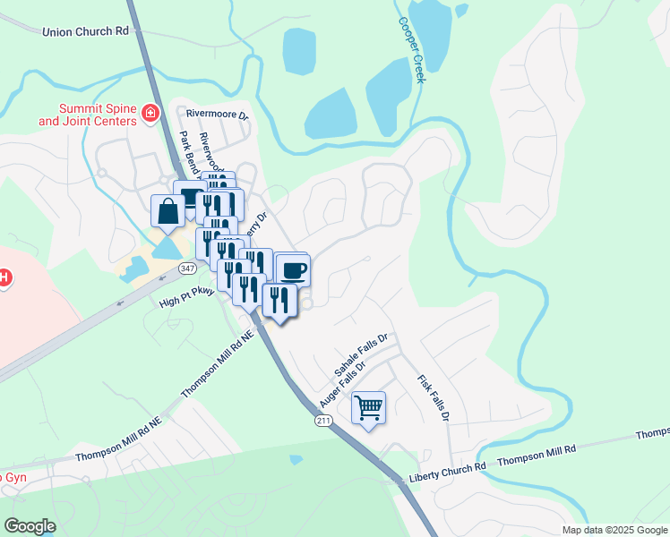map of restaurants, bars, coffee shops, grocery stores, and more near 6418 Mossy Oak Landing in Braselton