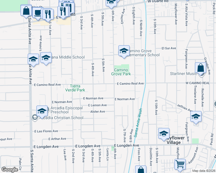 map of restaurants, bars, coffee shops, grocery stores, and more near 1606 South Fifth Avenue in Arcadia