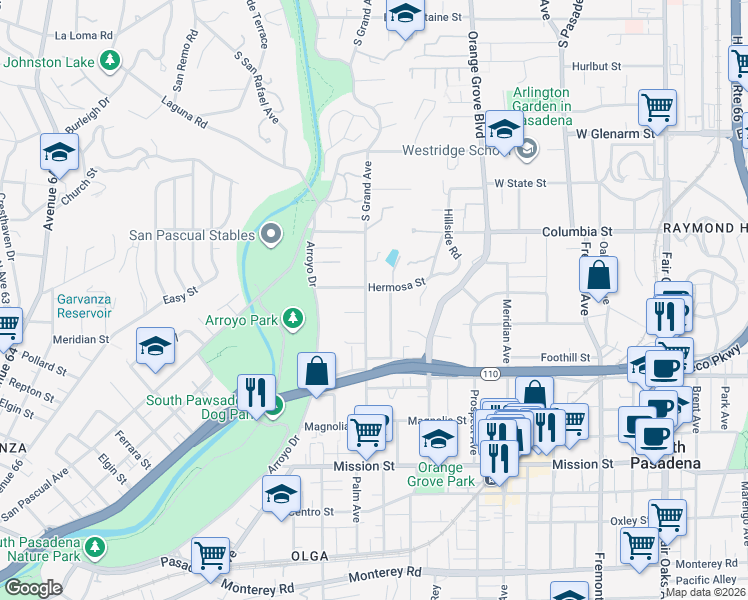 map of restaurants, bars, coffee shops, grocery stores, and more near 410 Grand Avenue in South Pasadena