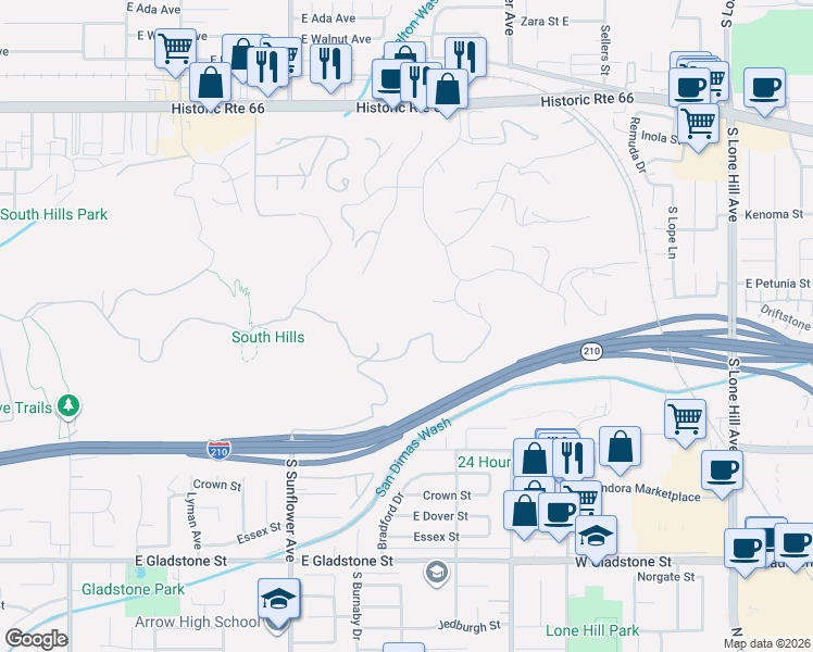 map of restaurants, bars, coffee shops, grocery stores, and more near 1000 South Sunflower Avenue in Glendora