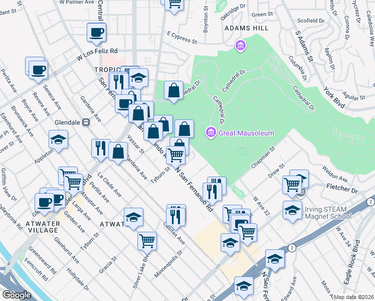 map of restaurants, bars, coffee shops, grocery stores, and more near 3037 Rosslyn Street in Los Angeles