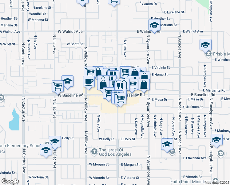 map of restaurants, bars, coffee shops, grocery stores, and more near 120 West Baseline Road in Rialto
