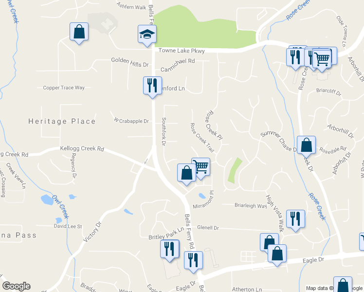map of restaurants, bars, coffee shops, grocery stores, and more near 308 Southfork Court in Woodstock