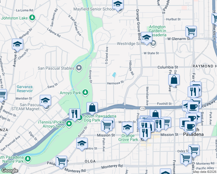 map of restaurants, bars, coffee shops, grocery stores, and more near 410 Grand Avenue in South Pasadena