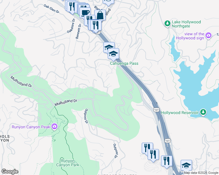 map of restaurants, bars, coffee shops, grocery stores, and more near 6920 Pacific View Drive in Los Angeles