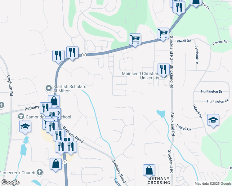 map of restaurants, bars, coffee shops, grocery stores, and more near 13943 Sunfish Bend in Alpharetta