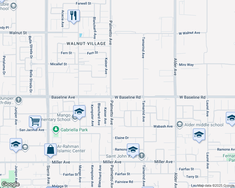 map of restaurants, bars, coffee shops, grocery stores, and more near 2688 West Baseline Road in Fontana