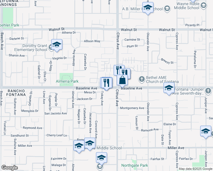 map of restaurants, bars, coffee shops, grocery stores, and more near 7291 Prelude Way in Fontana