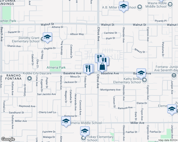 map of restaurants, bars, coffee shops, grocery stores, and more near 7291 Prelude Way in Fontana