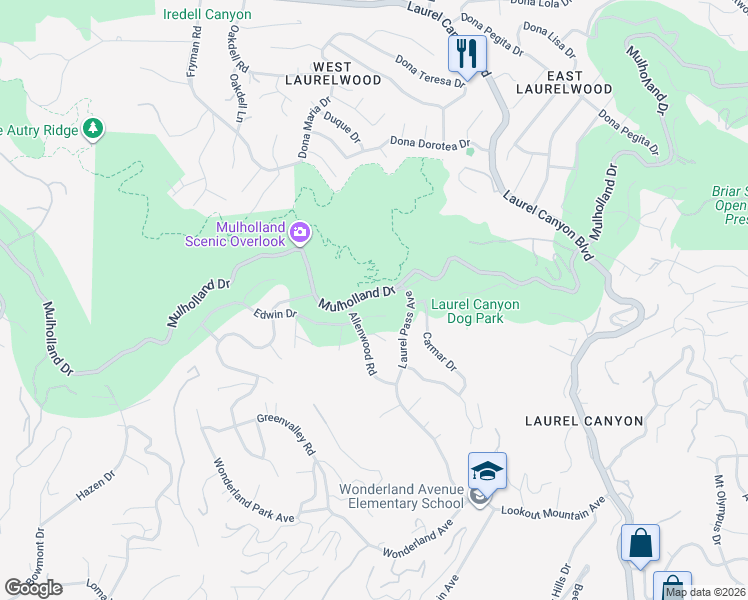 map of restaurants, bars, coffee shops, grocery stores, and more near 8401 Mulholland Drive in Los Angeles