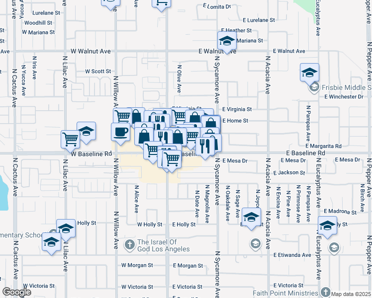 map of restaurants, bars, coffee shops, grocery stores, and more near 170 East Baseline Road in Rialto