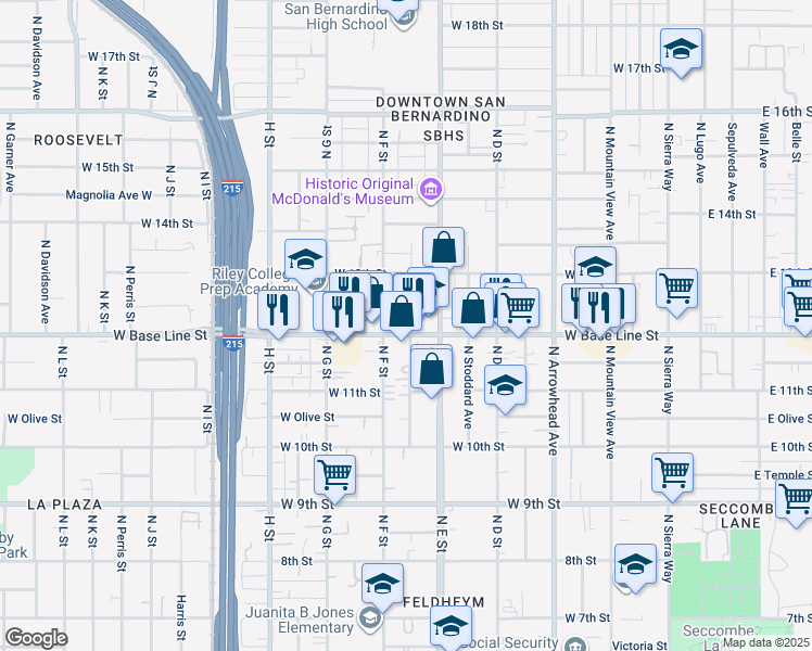 map of restaurants, bars, coffee shops, grocery stores, and more near 554 West Base Line Street in San Bernardino