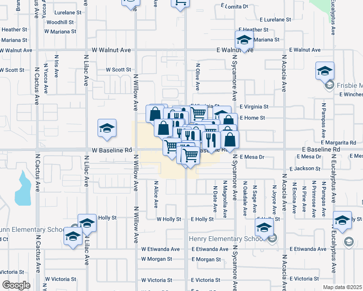 map of restaurants, bars, coffee shops, grocery stores, and more near 120 West Baseline Road in Rialto
