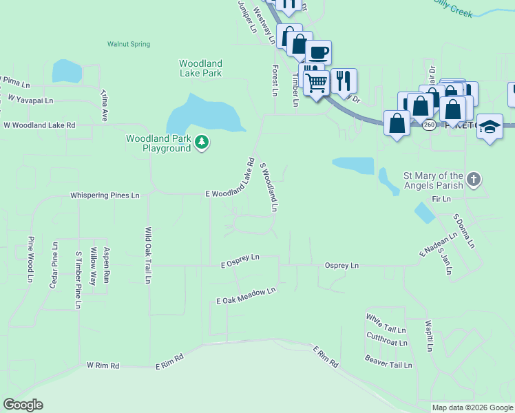 map of restaurants, bars, coffee shops, grocery stores, and more near 538 South Woodland Lane in Pinetop-Lakeside