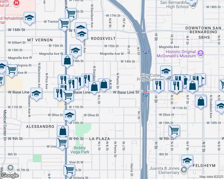 map of restaurants, bars, coffee shops, grocery stores, and more near 1240 North K Street in San Bernardino
