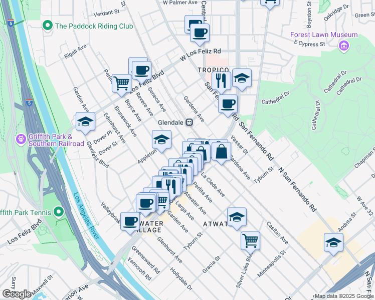 map of restaurants, bars, coffee shops, grocery stores, and more near 3702 Seneca Avenue in Los Angeles