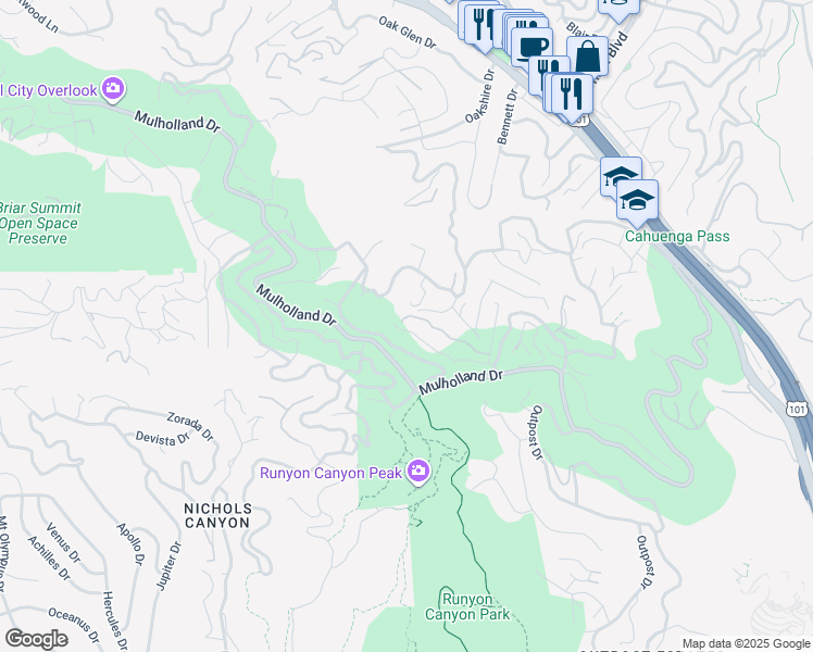 map of restaurants, bars, coffee shops, grocery stores, and more near 7335 Caverna Drive in Los Angeles