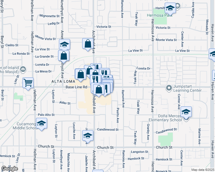 map of restaurants, bars, coffee shops, grocery stores, and more near 9800 Base Line Road in Rancho Cucamonga