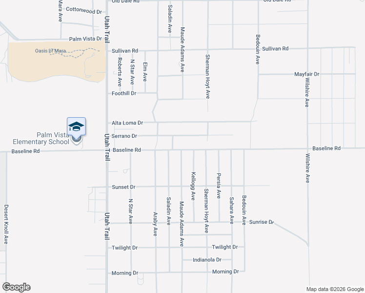 map of restaurants, bars, coffee shops, grocery stores, and more near 74835 Serrano Drive in Twentynine Palms