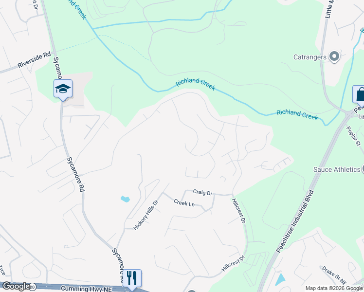 map of restaurants, bars, coffee shops, grocery stores, and more near 1309 Avalon Creek Road in Sugar Hill