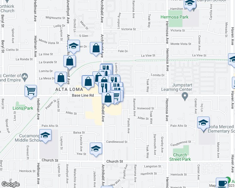 map of restaurants, bars, coffee shops, grocery stores, and more near 9800 Base Line Road in Rancho Cucamonga