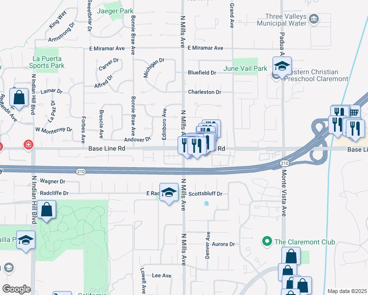 map of restaurants, bars, coffee shops, grocery stores, and more near East Baseline Road & North Mills Avenue in Claremont