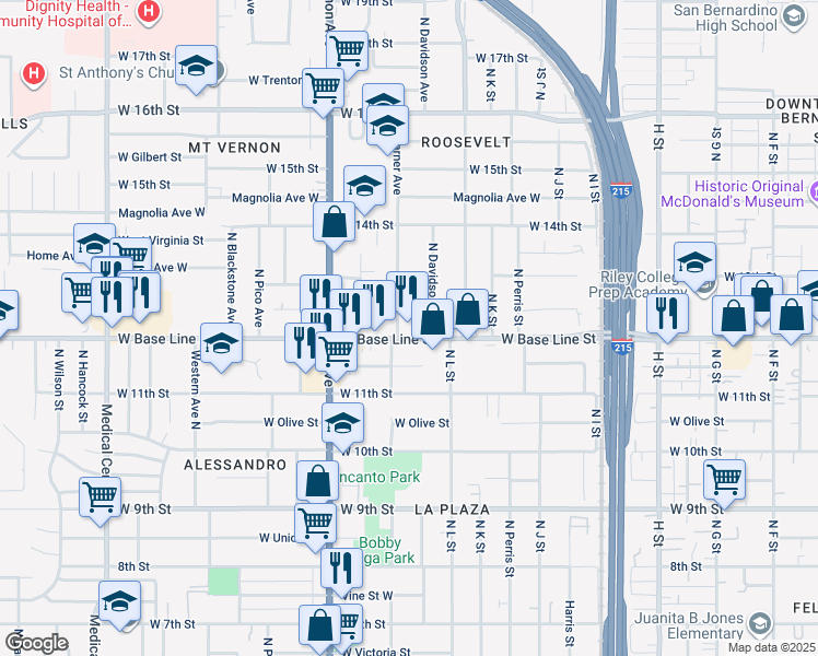 map of restaurants, bars, coffee shops, grocery stores, and more near 1184 West Base Line Street in San Bernardino