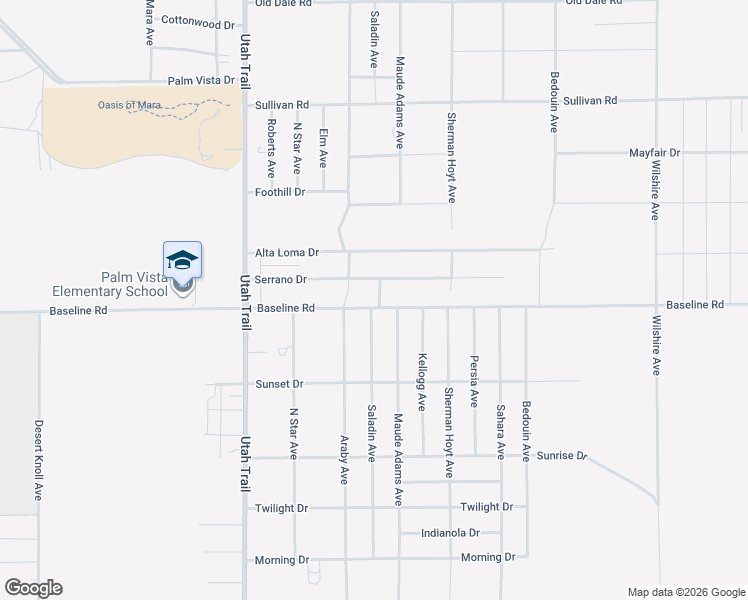 map of restaurants, bars, coffee shops, grocery stores, and more near 74741 Serrano Drive in Twentynine Palms