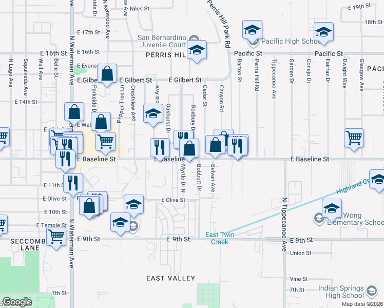 map of restaurants, bars, coffee shops, grocery stores, and more near 850 East Baseline Street in San Bernardino