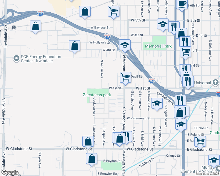 map of restaurants, bars, coffee shops, grocery stores, and more near 101 North Barbara Avenue in Azusa