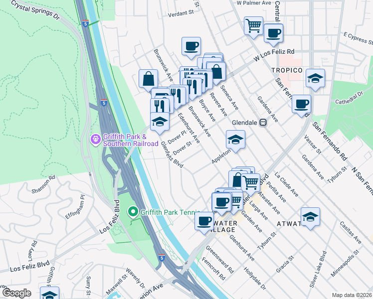 map of restaurants, bars, coffee shops, grocery stores, and more near 3547 Dover Street in Los Angeles