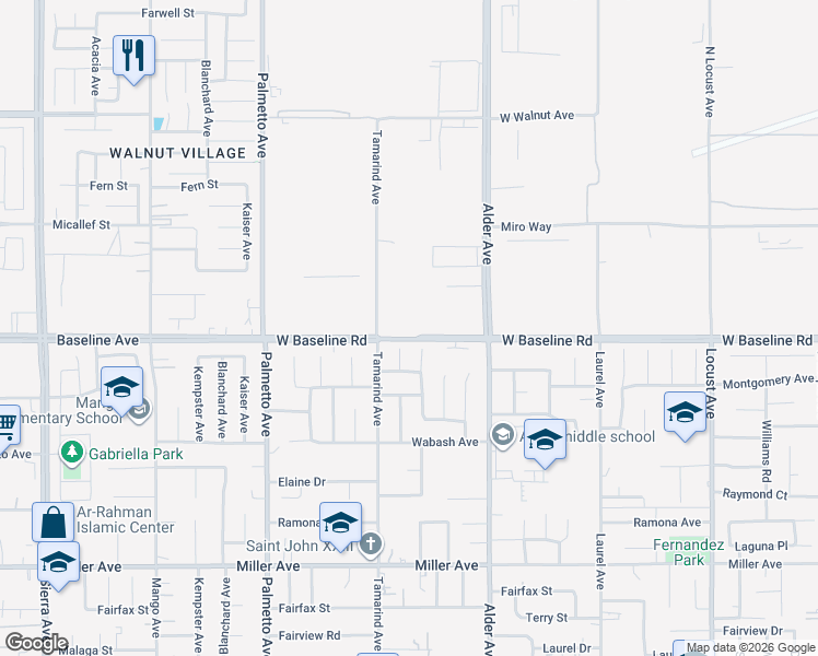 map of restaurants, bars, coffee shops, grocery stores, and more near 2430 West Baseline Road in Rialto
