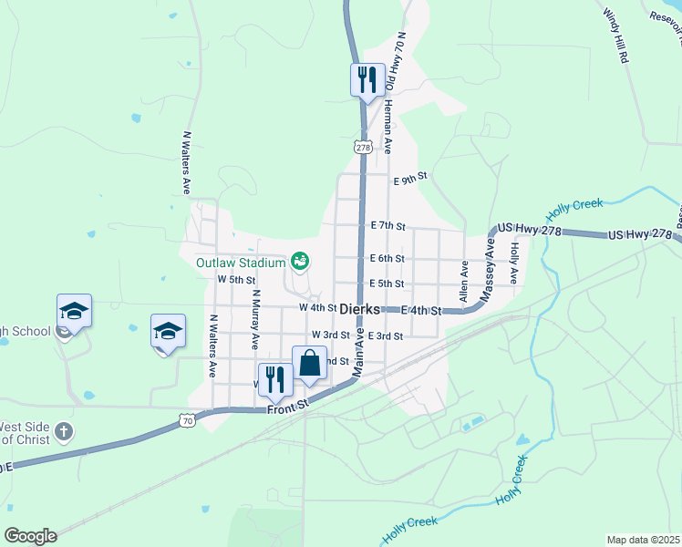 map of restaurants, bars, coffee shops, grocery stores, and more near 501-599 North Missouri Avenue in Dierks