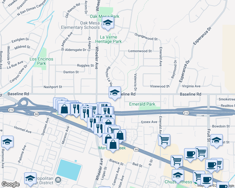 map of restaurants, bars, coffee shops, grocery stores, and more near 1559 Baseline Road in La Verne