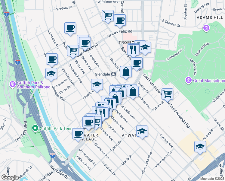 map of restaurants, bars, coffee shops, grocery stores, and more near 3702 Seneca Avenue in Los Angeles