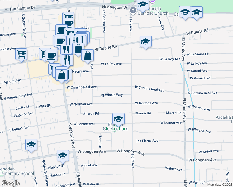map of restaurants, bars, coffee shops, grocery stores, and more near in Arcadia