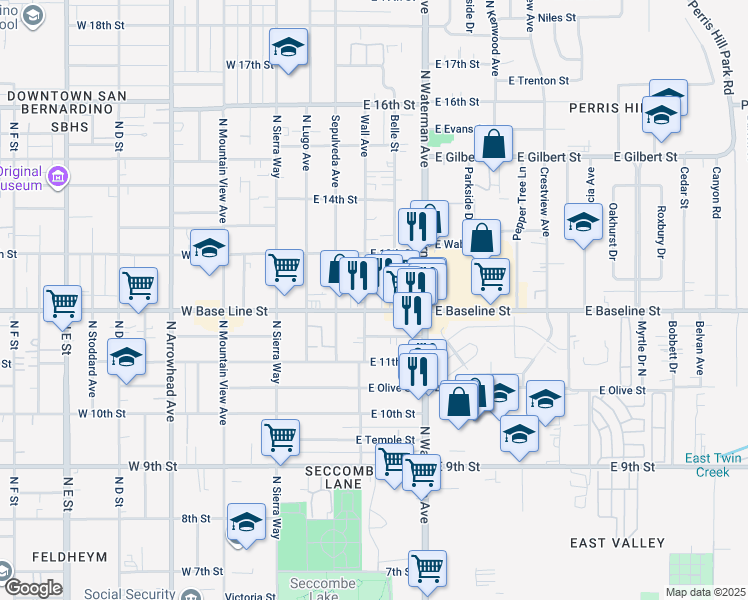 map of restaurants, bars, coffee shops, grocery stores, and more near 1220 Belle Street in San Bernardino