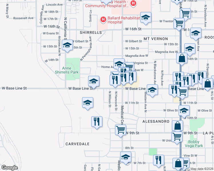 map of restaurants, bars, coffee shops, grocery stores, and more near 1752 West Base Line Street in San Bernardino