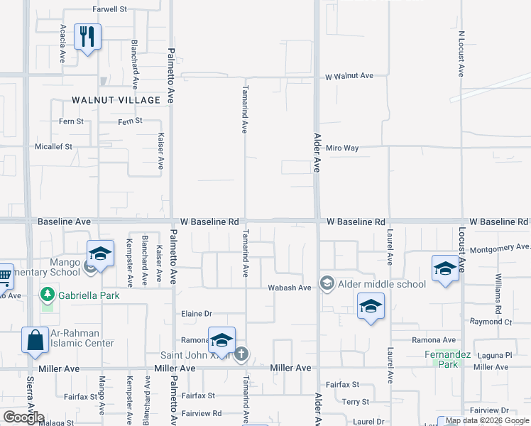 map of restaurants, bars, coffee shops, grocery stores, and more near 2430 West Baseline Road in Rialto