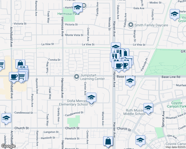 map of restaurants, bars, coffee shops, grocery stores, and more near 10364 Pepper Street in Rancho Cucamonga