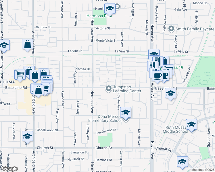 map of restaurants, bars, coffee shops, grocery stores, and more near 10210 Base Line Road in Rancho Cucamonga