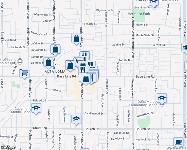 map of restaurants, bars, coffee shops, grocery stores, and more near 9785 Base Line Road in Rancho Cucamonga