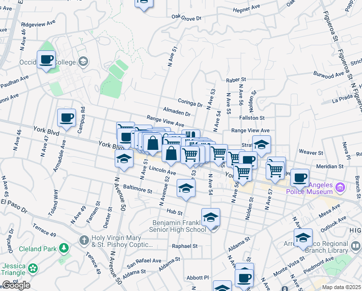 map of restaurants, bars, coffee shops, grocery stores, and more near 5220 Stratford Road in Los Angeles