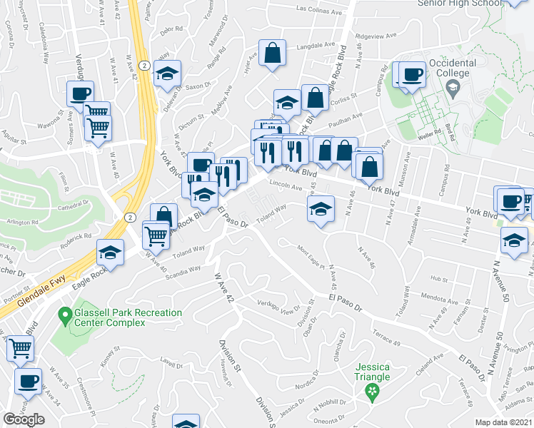 map of restaurants, bars, coffee shops, grocery stores, and more near 4343 Toland Way in Los Angeles